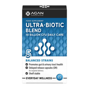 Κουτί συμπληρώματος διατροφής Agan Ultra-Biotic Blend 15caps με 5 ισορροπημένα στελέχη, που παρέχει καθημερινή φροντίδα 10 δισεκατομμυρίων CFU, που περιέχει συνολικά 15 κάψουλες.