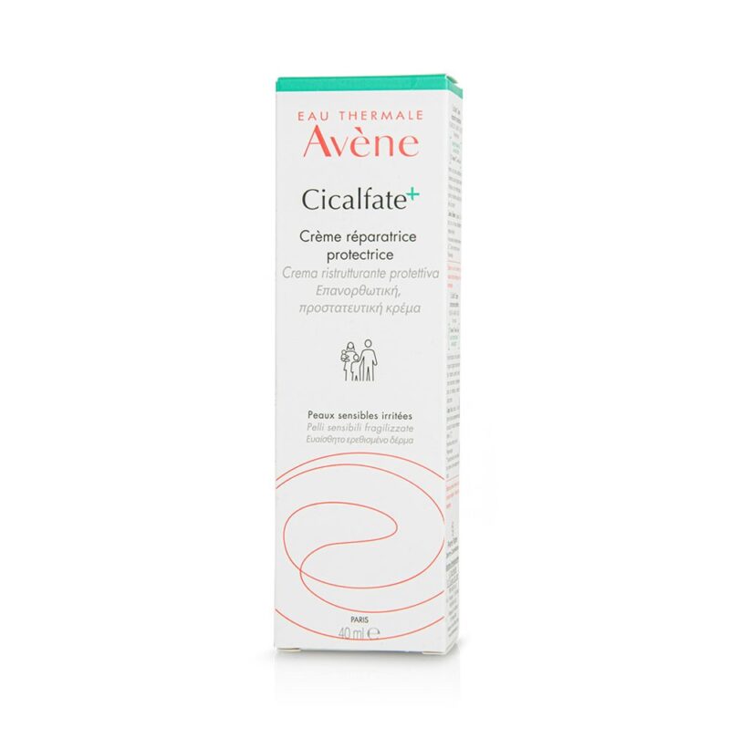 Ένα κουτί 40 ml κρέμας Avene Cicalfate+, κατάλληλο για ευαίσθητο δέρμα, με κείμενο σε πολλές γλώσσες.