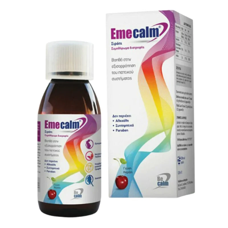 Ένα μπουκάλι και κουτί σιροπιού Becalm Emecalm 120 ml, συμπλήρωμα διατροφής, με ζωηρό σχέδιο κορδέλας και δείκτη γεύσης κερασιού.