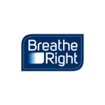 Το "Λογότυπο Breathe Right" διαθέτει μπλε και λευκό σχέδιο με τρεις λευκές γραμμές ντεγκραντέ τοποθετημένες στα αριστερά του κειμένου.