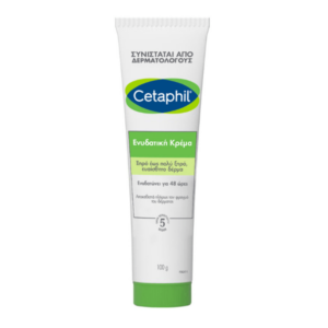 Σωληνάριο Cetaphil Ενυδατική Κρέμα 100 g με ελληνικό κείμενο, συνιστάται για χρήση έως και 48 ώρες για ξηρό, ευαίσθητο δέρμα.