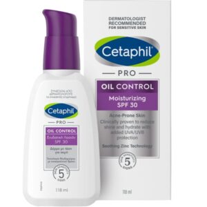 Το Cetaphil Pro Oil Control SPF 30 118 ml, που περιέχεται σε κομψό μπουκάλι και συσκευασία, συνιστάται για ευαίσθητο και με τάση ακμής δέρμα.