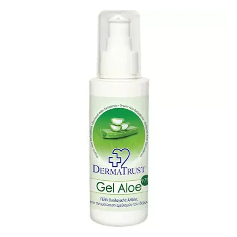 Λευκό μπουκάλι Dermatrust Gel Aloe 97% 100 ml με πράσινη ετικέτα και διανομέα αντλίας, με γραφικό φυτό αλόης στην ετικέτα.