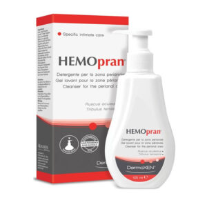 Κουτί και φιάλη Dermoxen Hemopran Pereral Cleanser με δοσομετρητή αντλίας, 125 mL, για περιπρωκτική περιοχή.