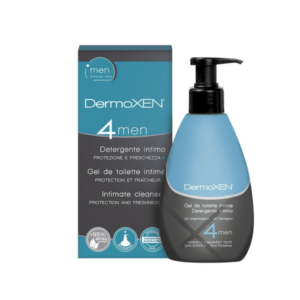 Dermoxen Intimate Cleanser 4 Men 125ml σε μπλε μπουκάλι αντλίας μαζί με το γκρι και μπλε κουτί συσκευασίας του.