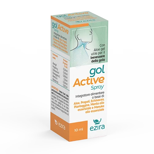 Το Ezira Gol Active Spray 10ml προσφέρει ένα συμπλήρωμα διατροφής με αλόη, πρόπολη, εχινάκεια, έλαιο μέντας και αιθέριο έλαιο Manuka.