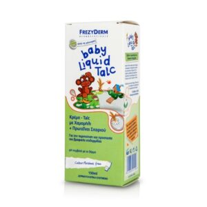 Συσκευασία Frezyderm Baby Liquid Talc, 150 ml, που παρουσιάζει ένα μωρό κινουμένων σχεδίων που κρατά ένα μπιμπερό μαζί με πολλά σύμβολα υγείας.