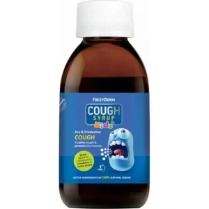 Ένα καφέ μπουκάλι Frezyderm Cough Syrup Kids 182 g, με έναν κινούμενο άρρωστο χαρακτήρα στη μπλε ετικέτα.