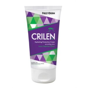 Σωληνάριο Frezyderm Crilen Cream 125 ml για ενυδάτωση και εντομοαπωθητικά αποτελέσματα, με εντυπωσιακό πράσινο και μωβ γεωμετρικό σχέδιο.