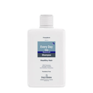 Λευκό μπουκάλι Frezyderm Every Day Shampoo 200 ml, σχεδιασμένο για υγιή μαλλιά με ουδέτερο pH και πολυάριθμα οφέλη.