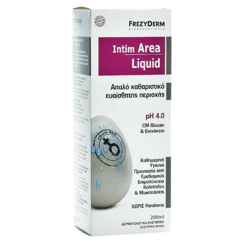 Κουτί Frezyderm Intim Area Liquid pH 4.0, 200 ml, με ελληνικό κείμενο και εικόνα σταγόνας υγρού στο μπροστινό μέρος.