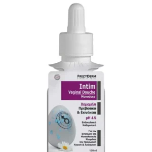 Ένα μπουκάλι 150 ml Frezyderm Intim Vaginal Douche με χαμομήλι, πρεβιοτικά & εχινάκεια, pH 4,5, με καπάκι σταγονόμετρου και ελληνικό κείμενο σε μωβ ετικέτα.