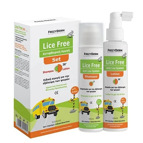 Το σετ Frezyderm Lice Free Set περιλαμβάνει σαμπουάν και λοσιόν, και τα δύο σε λευκά μπουκάλια με πράσινες ετικέτες, και είναι προσεκτικά συσκευασμένο σε ένα βολικό κουτί.