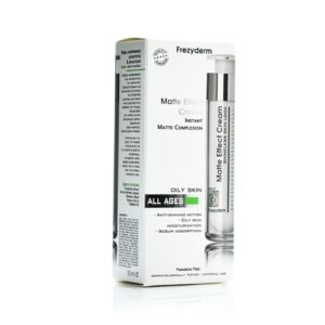 Ένα κουτί Frezyderm Matte Effect Cream 50 ml για λιπαρό δέρμα, παρέχοντας ματ επιδερμίδα, ιδιότητες κατά της γυαλάδας και ενυδατικά οφέλη.