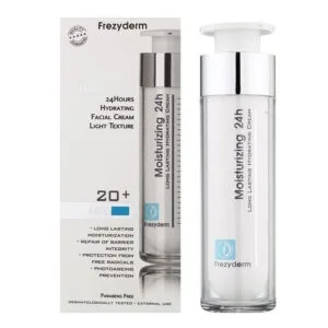 Ένα λευκό μπουκάλι Frezyderm Moisturizing 24h Cream 50 ml, που φημίζεται για την ενυδάτωση που διαρκεί, βρίσκεται δίπλα στο κουτί του, καθιστώντας το ιδανικό για δέρμα ηλικίας 20+.