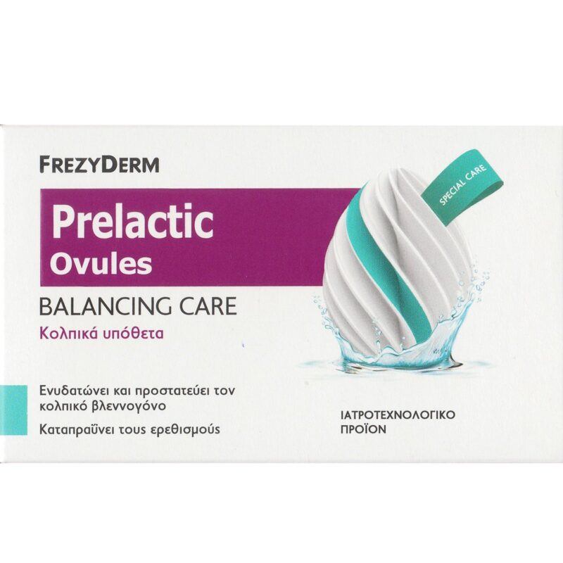 Ένα κουτί Frezyderm Prelactic Ovules 10 τμχ με ελληνικό κείμενο και απεικόνιση ωαρίου που πιτσιλίζει νερό.