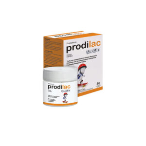 A container of Frezyderm Prodilac Kids 30 μασώμενα δισκία δίπλα στο κουτί του. Στη συσκευασία υπάρχει παιδικό καρτούν και κείμενο στα ελληνικά.