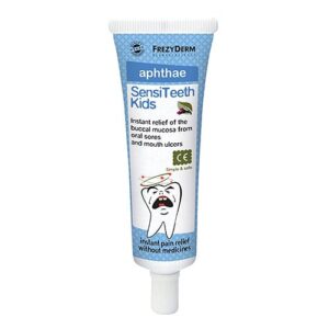 Frezyderm SensiTeeth Kids Aphthae Gel 25 ml: Ένα καταπραϋντικό τζελ σχεδιασμένο για στοματικά έλκη, που παρουσιάζεται σε ένα σωληνάριο διακοσμημένο με εικονογραφήσεις ενός δοντιού που κλαίει και ενός παιδιού που βουρτσίζει τα δόντια του.