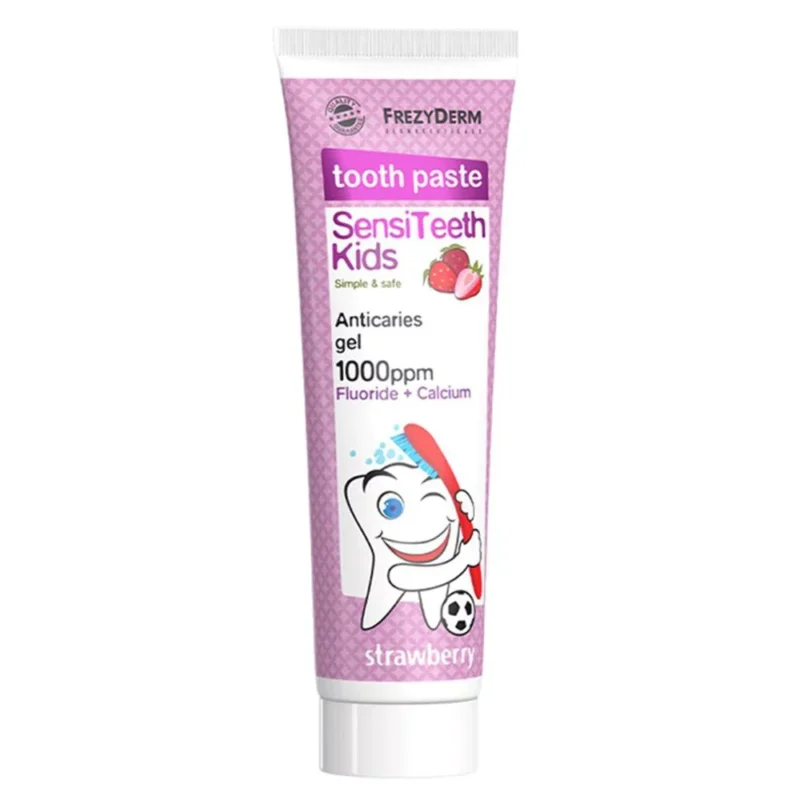 Σωληνάριο Frezyderm SensiTeeth Kids Οδοντόκρεμα 1000 ppm 50 ml με χαρούμενη μασκότ δοντιών, με απολαυστική γεύση φράουλας, εμπλουτισμένη με φθόριο και ασβέστιο.