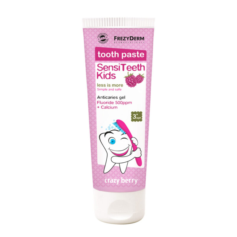 Σωληνάριο Frezyderm SensiTeeth Kids Οδοντόκρεμα 500 ppm 50 ml, με γεύση "Crazy Berry", με έναν χαμογελαστό χαρακτήρα δοντιού που κρατά μια οδοντόβουρτσα.