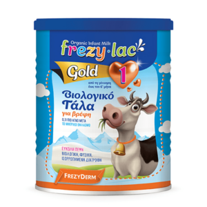 Δοχείο Frezylac Gold 1 400 g Βιολογικό Βρεφικό Γάλα, με αγελάδα και θέα στο βουνό στην ετικέτα.