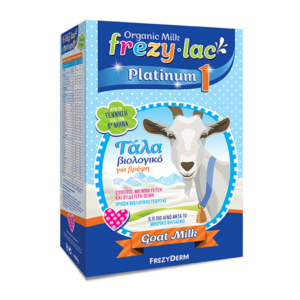 Η συσκευασία Frezylac Platinum 1 400 g Organic Goat Milk Formula για βρέφη διαθέτει μια γοητευτική απεικόνιση κατσίκας σε γαλήνιο μπλε φόντο.