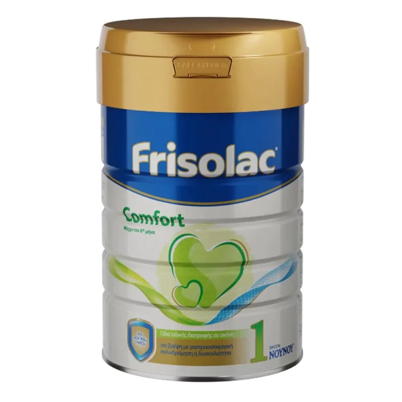 Ένα κουτί 400 g βρεφικής φόρμουλας Frisolac Comfort 1 με μπλε και χρυσή ετικέτα, που τονίζεται με σχέδιο πράσινης καρδιάς και τον αριθμό "1" που υποδεικνύει το στάδιο 1.