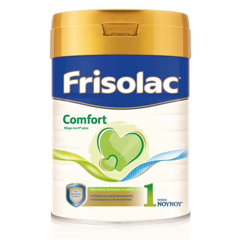 Δοχείο σκόνης βρεφικής φόρμουλας Frisolac Comfort 1 800 g με μπλε, πράσινο και χρυσό σχέδιο με κείμενο στα Αγγλικά και στα Ελληνικά.