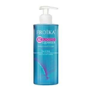 Το μπουκάλι 400 ml Froika AC Liquid Cleanser σε μπλε χρώμα, με δοσομετρητή αντλίας, είναι τέλειο τόσο για πρόσωπο όσο και για σώμα και είναι ειδικά σχεδιασμένο για λιπαρά και με τάση ακμής δέρματα.