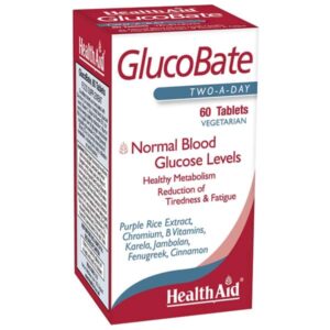 Box of Health Aid Glucobate 60 tabs λαχανικών για τη διατήρηση των φυσιολογικών επιπέδων γλυκόζης στο αίμα. Περιέχει 60 χορτοφαγικά δισκία Glucobate.