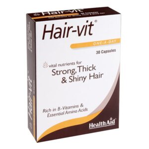 Τα καπάκια Health Aid Hair-vit 30, εμπλουτισμένα με βιταμίνες Β και απαραίτητα αμινοξέα, παρέχουν τη τροφή που χρειάζονται τα μαλλιά σας για δυνατά, πυκνά και λαμπερά μαλλιά.