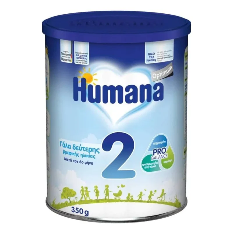 Ένα κουτί 350g βρεφικής φόρμουλας Humana 2 Optimum, με μπλε καπάκι και πράσινα στοιχεία σχεδίασης, κατάλληλο για μωρά άνω των 6 μηνών.