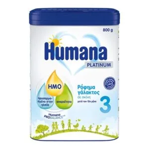 Ένα κουτάκι Humana 3 Platinum 800 g γάλα σε σκόνη, Stage 3, με HMO και Humana ProBalance, κατάλληλο για παιδιά άνω των 12 μηνών.