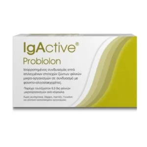 Κουτί IgActive Probiolon 10 κάψουλες με ελληνικό κείμενο και πράσινο κυματιστό σχέδιο στη συσκευασία, αναδεικνύοντας την προηγμένη προβιοτική του φόρμουλα.