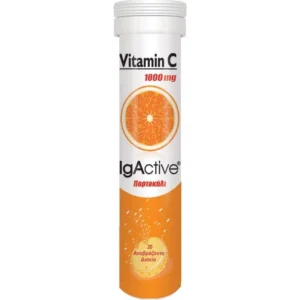 Σωληνάριο IgActive Vitamin C 1000mg 20 αναβράζοντα δισκία, με εικόνα φέτας πορτοκαλιού επάνω. Περιέχει 20 αναβράζοντα δισκία για αναζωογονητική ώθηση.