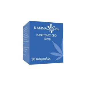 Μπλε κουτί Kannavis Κάψουλες CBD 10mg 30caps, με γραφικό φύλλο κάνναβης και ελληνικό κείμενο.