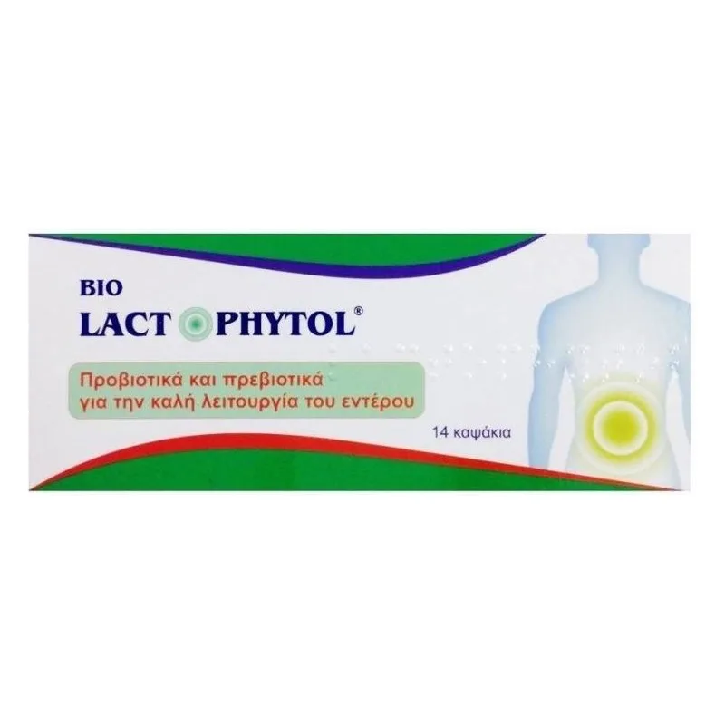 Ένα κουτί Medichrom Bio Lactophytol 14 καπάκια με ελληνικό κείμενο και εικονογράφηση ανθρώπινου κορμού.