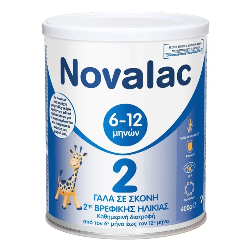 Κουτιά Novalac 2 400 g βρεφική φόρμουλα για 6-12 μήνες, με γοητευτική απεικόνιση καμηλοπάρδαλης σε λευκό φόντο με μπλε τόνους.