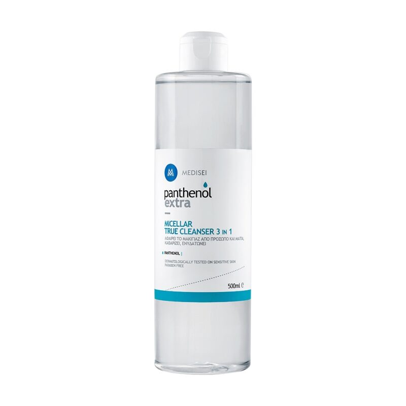 Διαφανές πλαστικό μπουκάλι Panthenol Extra Micellar True Cleanser 3in1 με μπλε και λευκή ετικέτα, 500 ml.