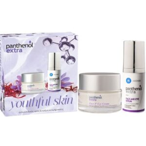 Το σετ περιποίησης δέρματος Panthenol Extra Youthful Skin Promo περιλαμβάνει την κρέμα προσώπου και ματιών (50ml) και τον ορό αντιγήρανσης (30ml), όλα κομψά συσκευασμένα σε ένα μόνο κουτί.