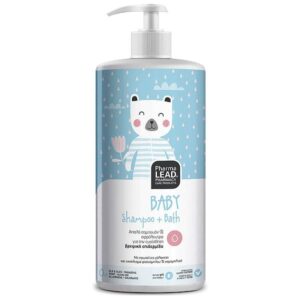 Ένα μπουκάλι 1 λίτρου PharmaLead Baby Shampoo + Bath, διακοσμημένο με μια γοητευτική απεικόνιση αρκούδας στην ετικέτα και με βολικό διανομέα αντλίας.