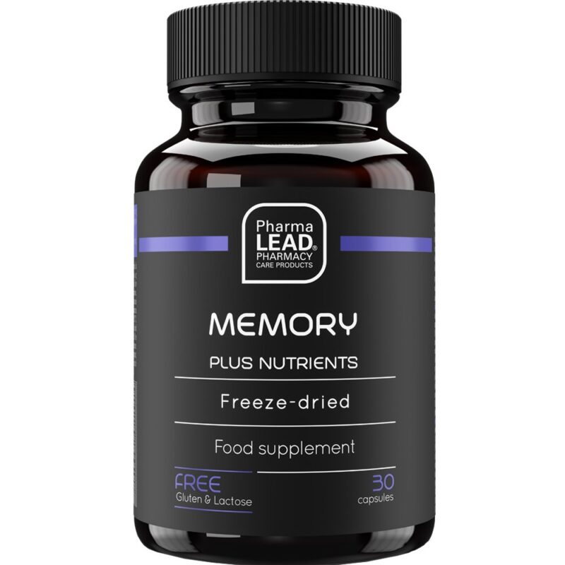 Μαύρο μπουκάλι PharmaLead Black Range Memory Plus Nutrients 30 κάψουλες συμπλήρωμα διατροφής με λυοφιλοποιημένες κάψουλες, χωρίς γλουτένη και λακτόζη.