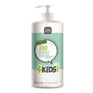 Ένα μπουκάλι 1 λίτρου PharmaLead Kids 2 σε 1 Bubble Fun Shampoo & Shower Gel με κάλυμμα αντλίας, πράσινη ετικέτα και κείμενο "Ωχ! 2 σε 1".