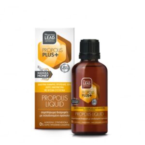 Φιάλη Pharmalead Propolis Plus Liquid 50ml δίπλα στη συσκευασία του, με μέλι Manuka και πρόπολη.