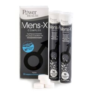 Συσκευασία Power of Nature Mens-X Complex 32 eff tabs με δύο σωληνάρια και τέσσερα στρογγυλά tablet.