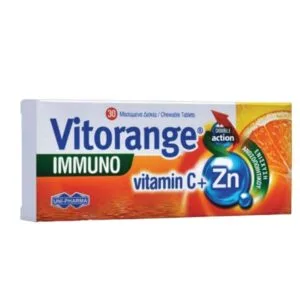 Κουτί Uni-Pharma Vitorange Immuno Vitamin C & Zinc 30 μασώμενες καρτέλες, με φέτα πορτοκαλιού και γραφικά μπλε σταγονιδίων.
