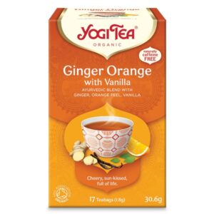 Ένα κουτί Yogi Tea Ginger Orange Vanilla 30,6 g, που περιέχει 17 βιολογικά σακουλάκια τσαγιού και δείχνει ένα αχνιστό φλιτζάνι τσάι στο μπροστινό μέρος.