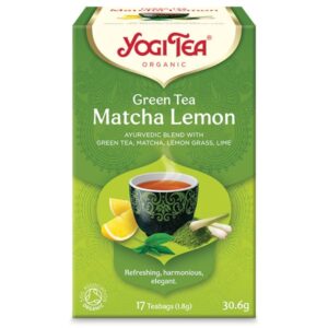 Ένα κουτί Yogi Tea Green Tea Matcha Lemon 30,6 g, με ένα φλιτζάνι πράσινο τσάι μαζί με ζωντανές εικόνες από λεμόνι, λάιμ και λεμονόχορτο.