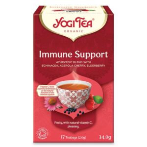 Ένα κουτί Yogi Tea Immune Support 34 g με εχινάκεια, κεράσι acerola και σαμπούκο. Αυτό το μείγμα από 17 φακελάκια τσαγιού προσφέρει μια χαλαρωτική και υγιεινή εμπειρία.