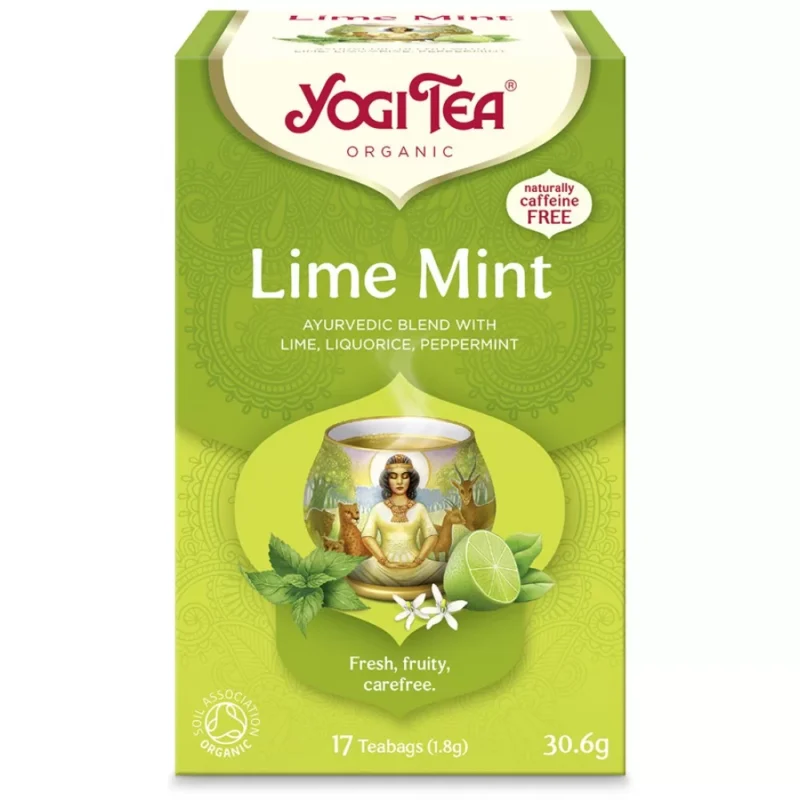 Το κουτί Yogi Tea Lime Mint 30,6 g περιέχει 17 φακελάκια τσαγιού, με περιγραφή αγιουρβεδικού μείγματος και έναν απολαυστικό συνδυασμό λάιμ και μέντας, που συνοδεύεται από μια απεικόνιση μιας γαλήνιας φιγούρας διαλογισμού.